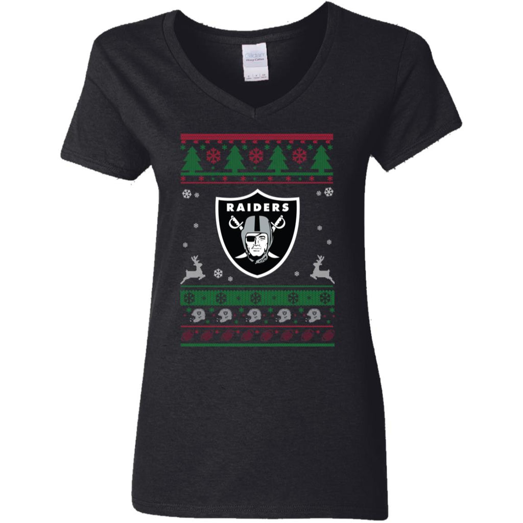 Oakland Raiders Logo Football Teams Ugly Christmas Sweater Women V-Neck T-Shirt