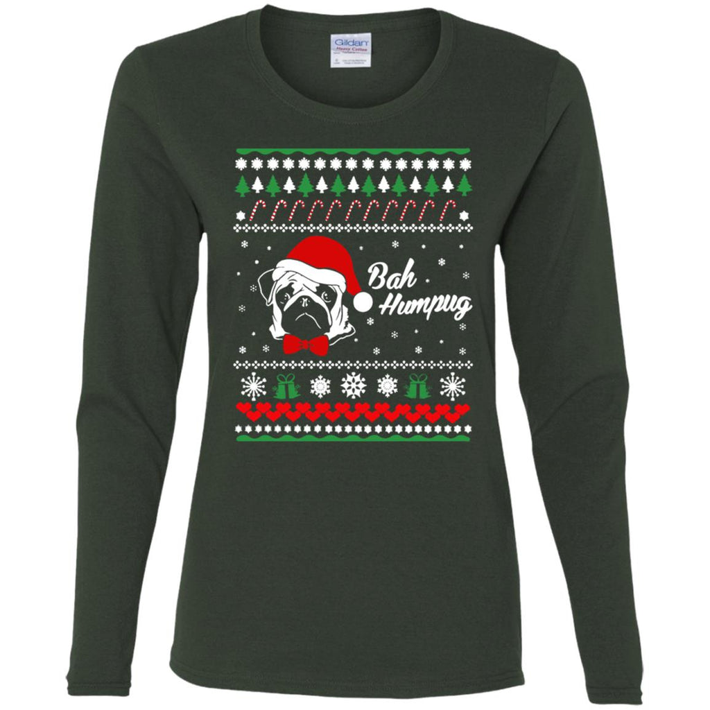 Bah Hum Pug Dog Christmas Women Long Sleeve Shirt