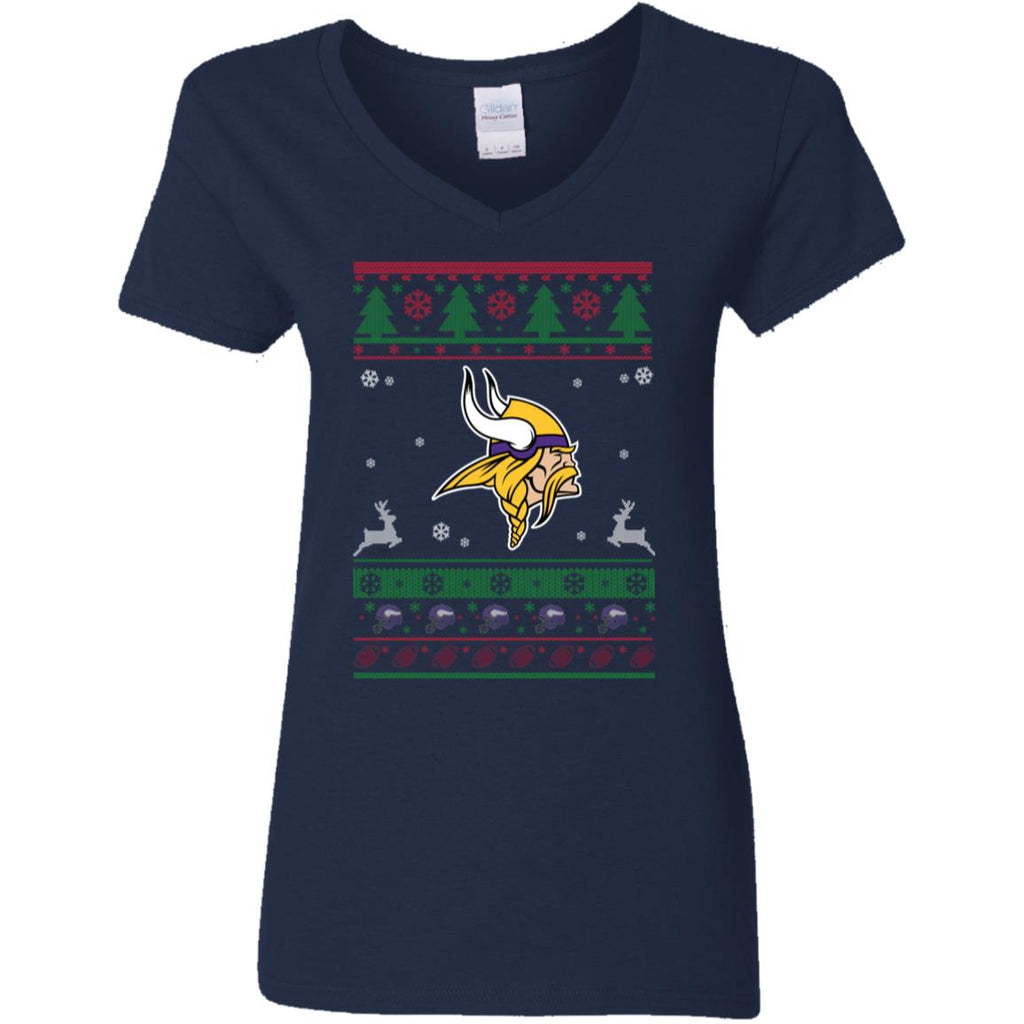 Minnesota Vikings Logo Football Teams Ugly Christmas Sweater Women V-Neck T-Shirt