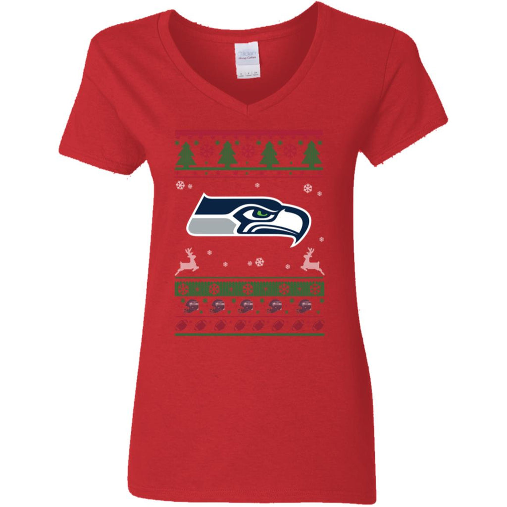 Seattle Seahawks Logo Football Teams Ugly Christmas Sweater Women V-Neck T-Shirt