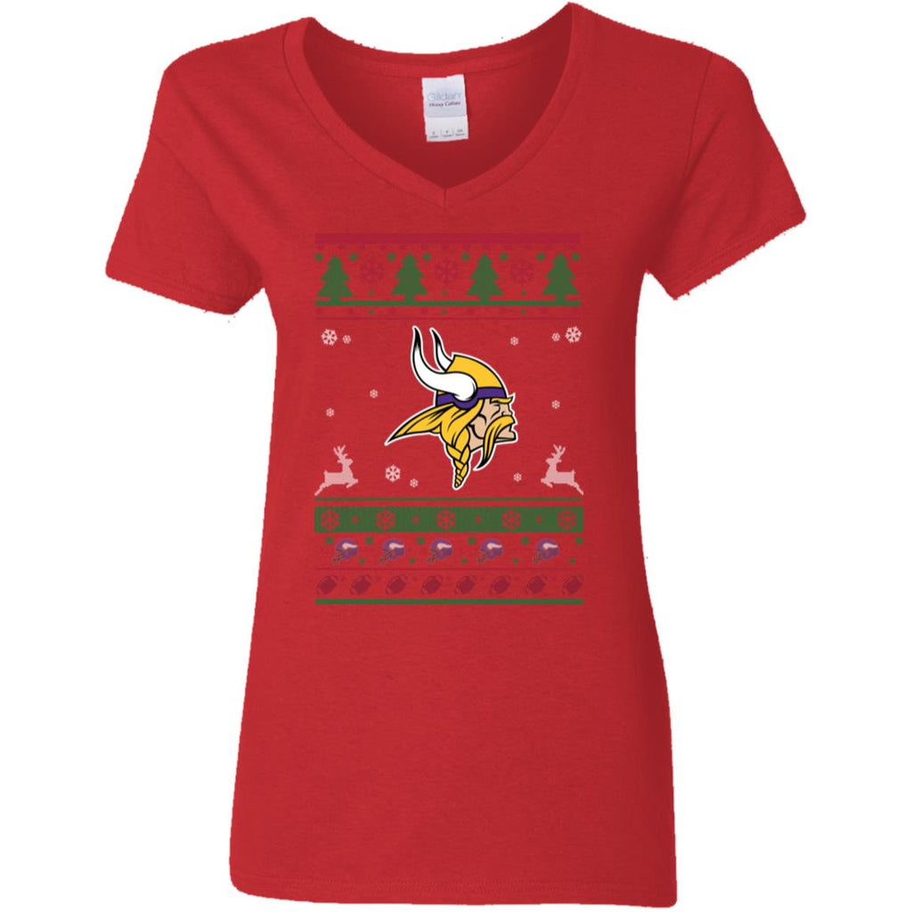 Minnesota Vikings Logo Football Teams Ugly Christmas Sweater Women V-Neck T-Shirt