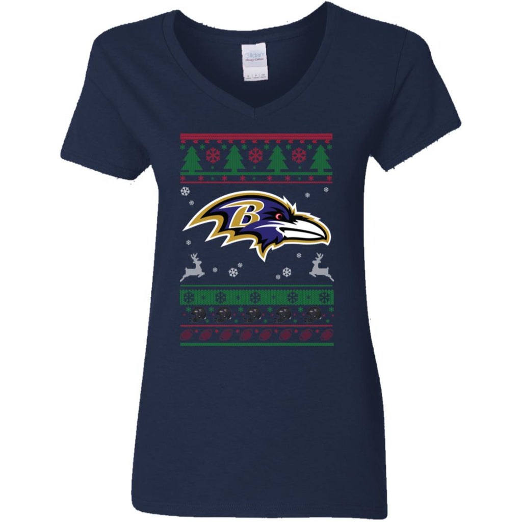 Baltimore Ravens Logo Football Teams Ugly Christmas Sweater Women V-Neck T-Shirt