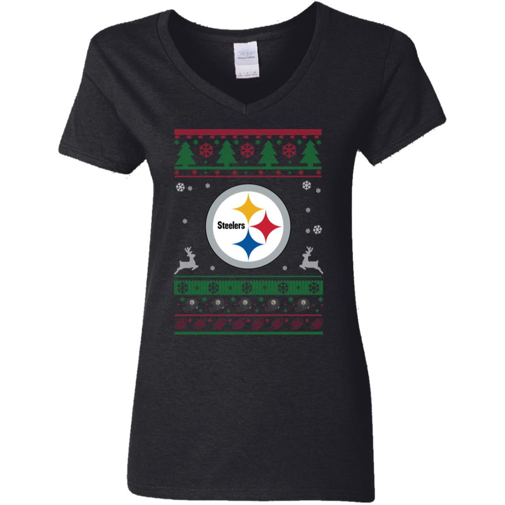 Pittsburgh Steelers Logo Football Teams Ugly Christmas Sweater Women V-Neck T-Shirt