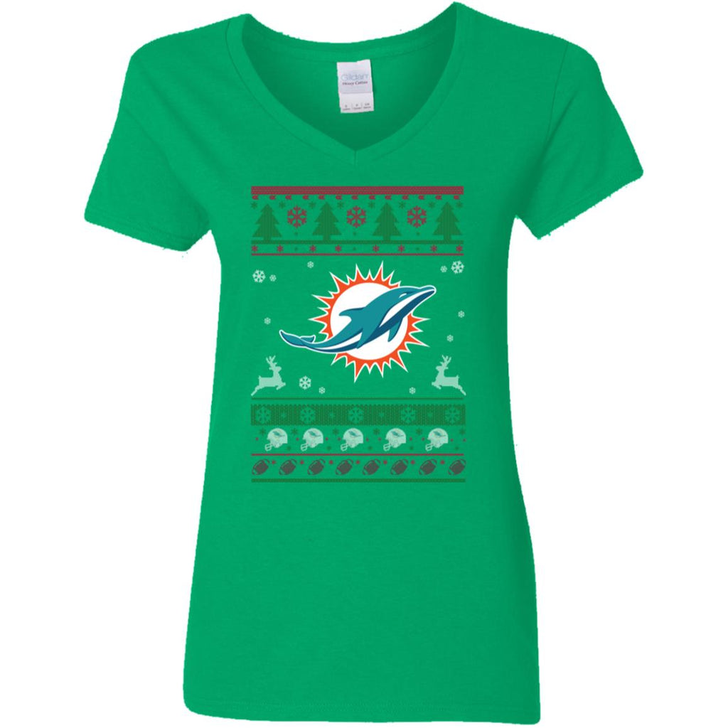 Miami Dolphins Logo Football Teams Ugly Christmas Sweater Women V-Neck T-Shirt