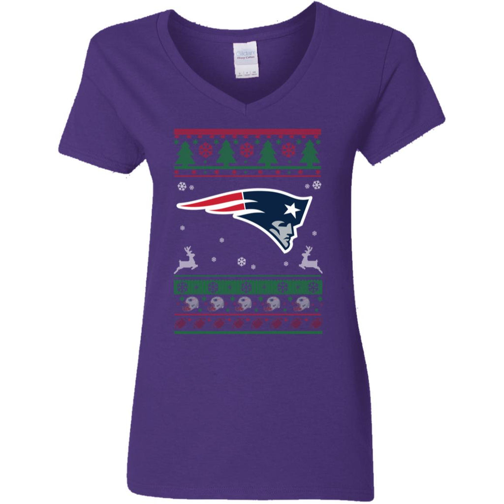 New England Patriots Logo Football Teams Ugly Christmas Sweater Women V-Neck T-Shirt