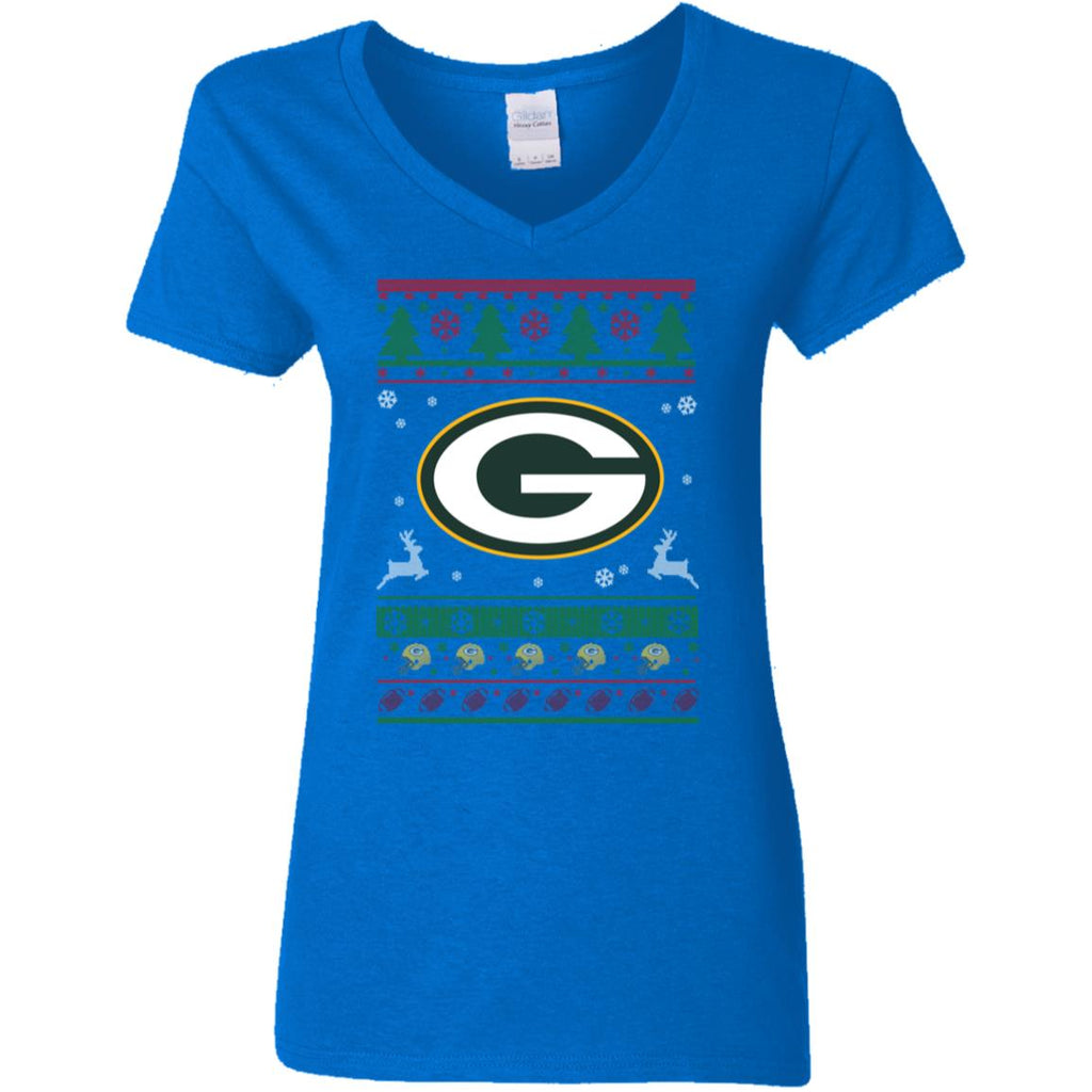 Green Bay Packers Logo Football Teams Ugly Christmas Sweater Women V-Neck T-Shirt
