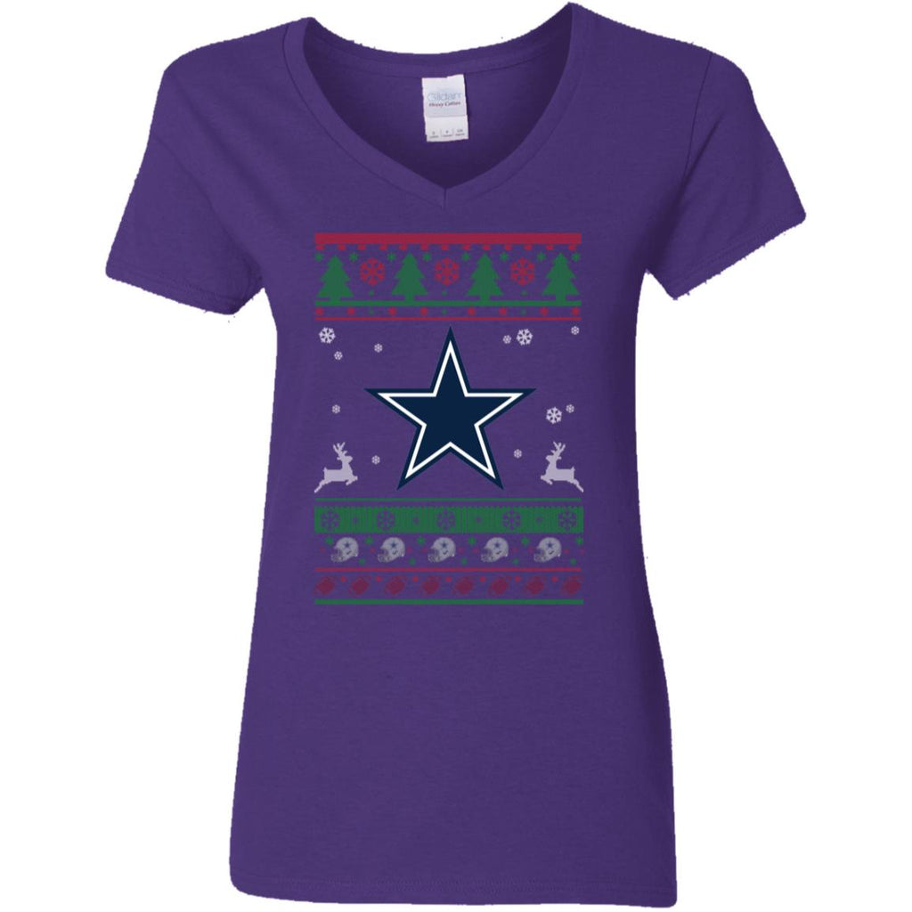 Dallas Cowboys Logo Football Teams Ugly Christmas Sweater Women V-Neck T-Shirt