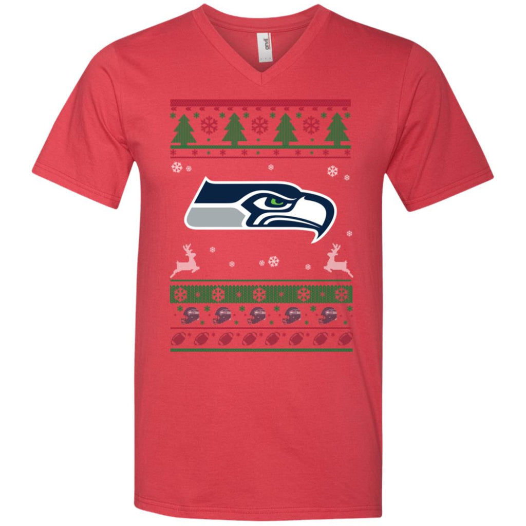 Seattle Seahawks Logo Football Teams Ugly Christmas Sweater Men V-Neck T-Shirt