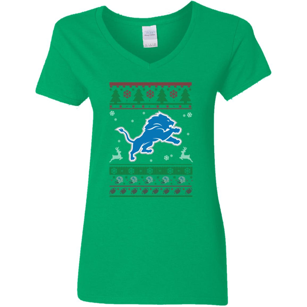 Detroit Lions Logo Football Teams Ugly Christmas Sweater Women V-Neck T-Shirt