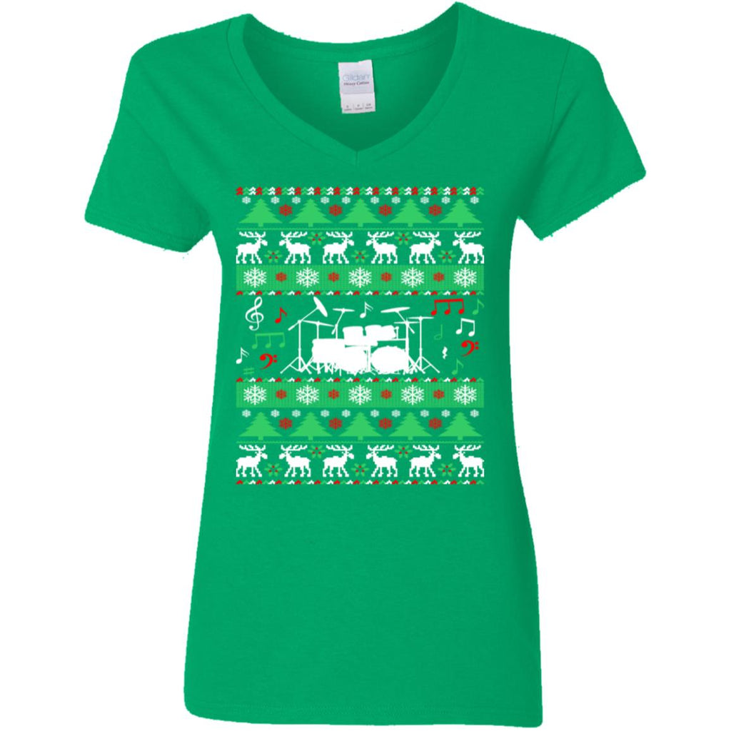 Drums Drummer Ugly Christmas Women V-Neck T-Shirt