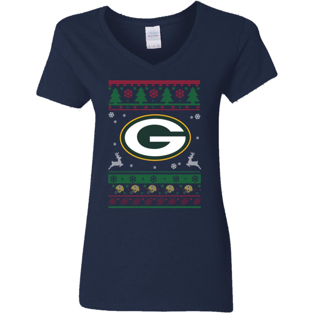 Green Bay Packers Logo Football Teams Ugly Christmas Sweater Women V-Neck T-Shirt