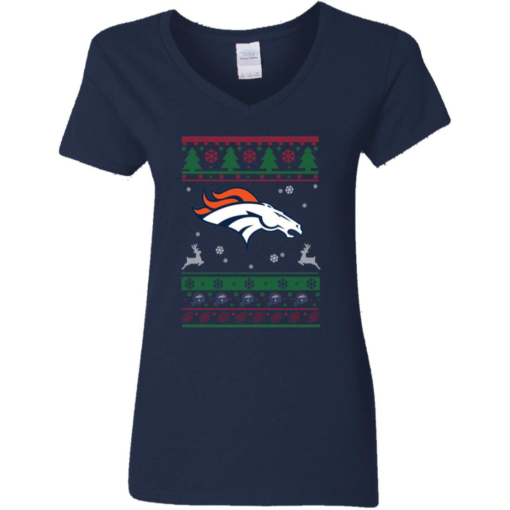 Denver Broncos Logo Football Teams Ugly Christmas Sweater Women V-Neck T-Shirt