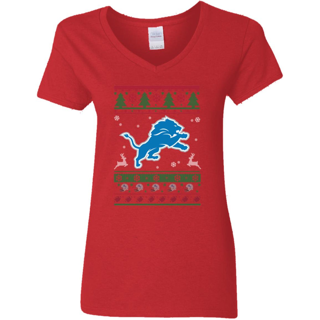 Detroit Lions Logo Football Teams Ugly Christmas Sweater Women V-Neck T-Shirt