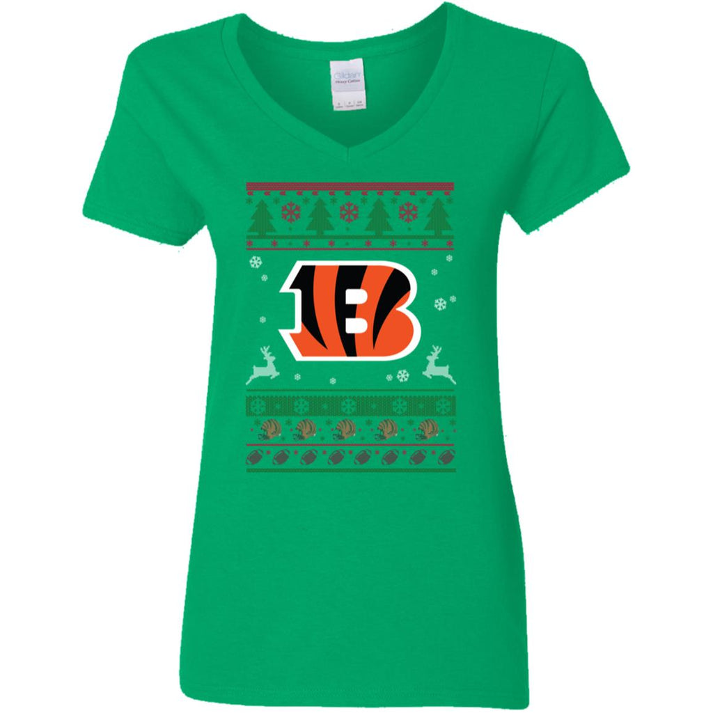 Cincinnati Bengals Logo Football Teams Ugly Christmas Sweater Women V-Neck T-Shirt