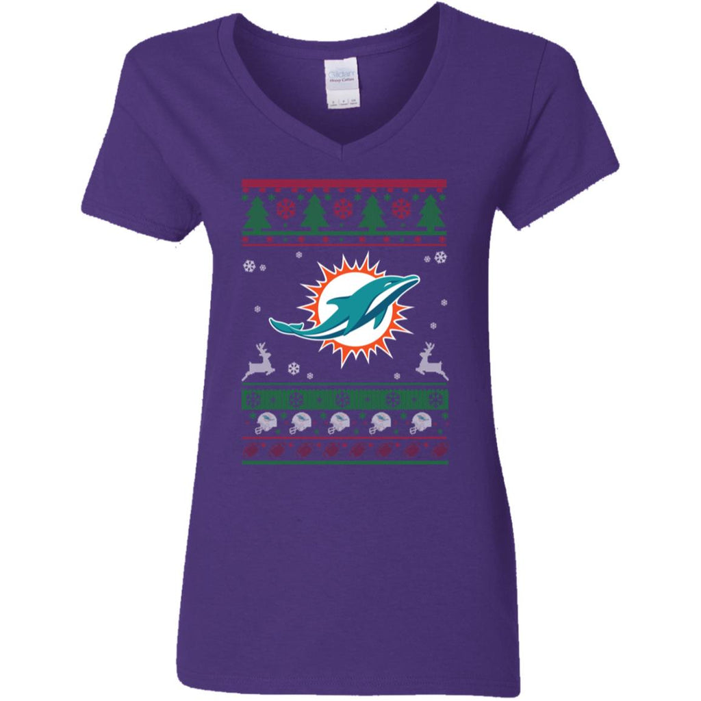 Miami Dolphins Logo Football Teams Ugly Christmas Sweater Women V-Neck T-Shirt