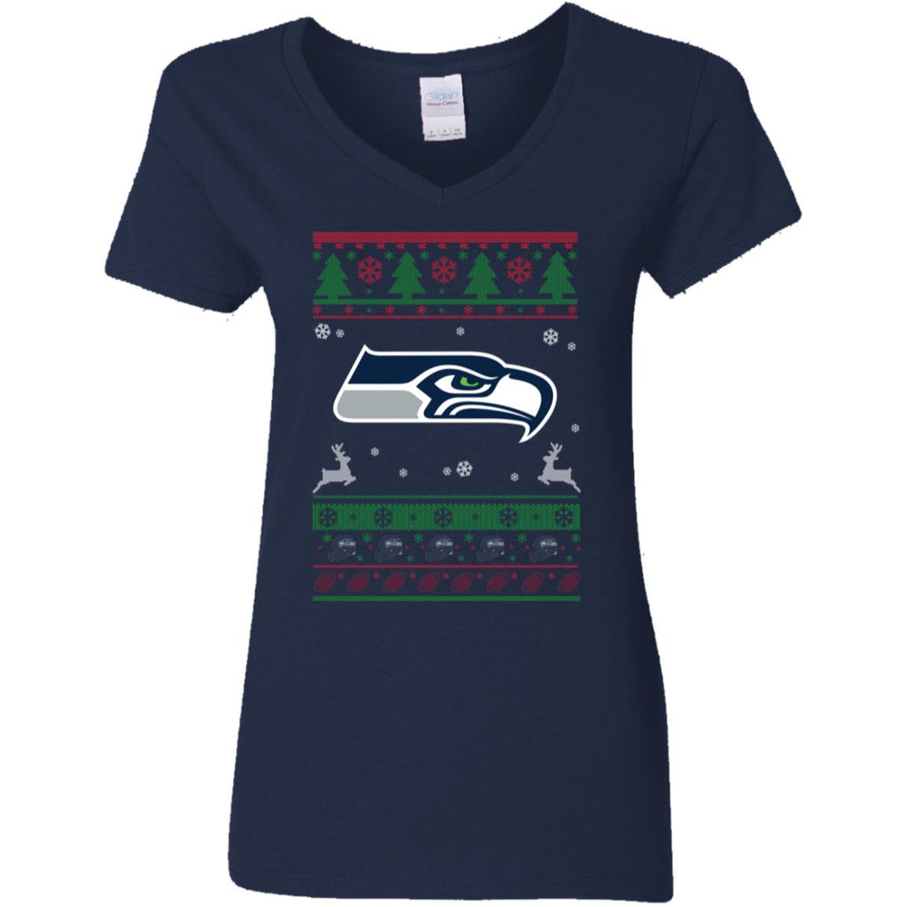 Seattle Seahawks Logo Football Teams Ugly Christmas Sweater Women V-Neck T-Shirt