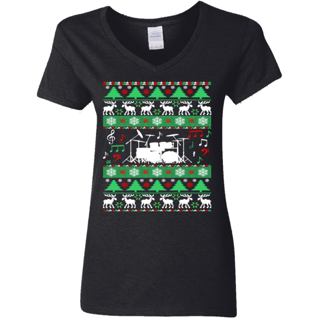 Drums Drummer Ugly Christmas Women V-Neck T-Shirt
