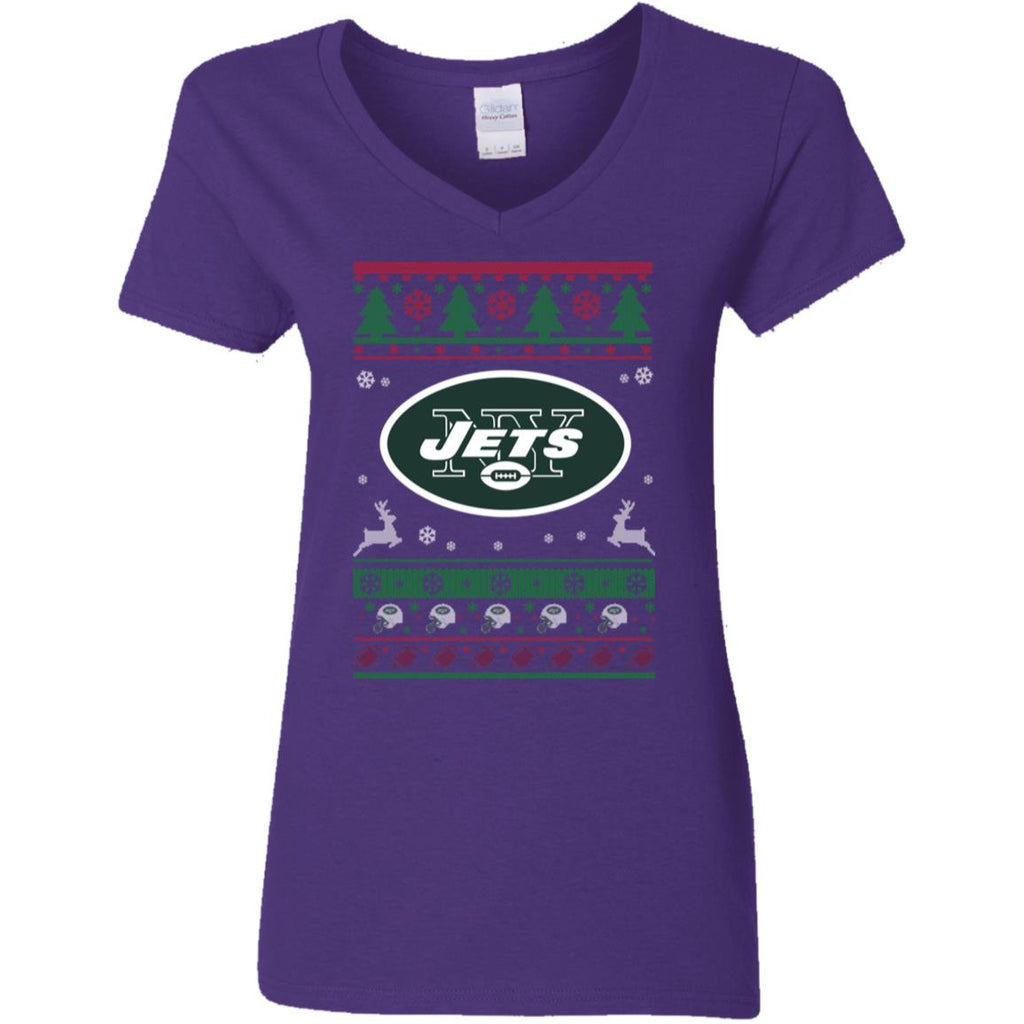 New York Jets Logo Football Teams Ugly Christmas Sweater Women V-Neck T-Shirt