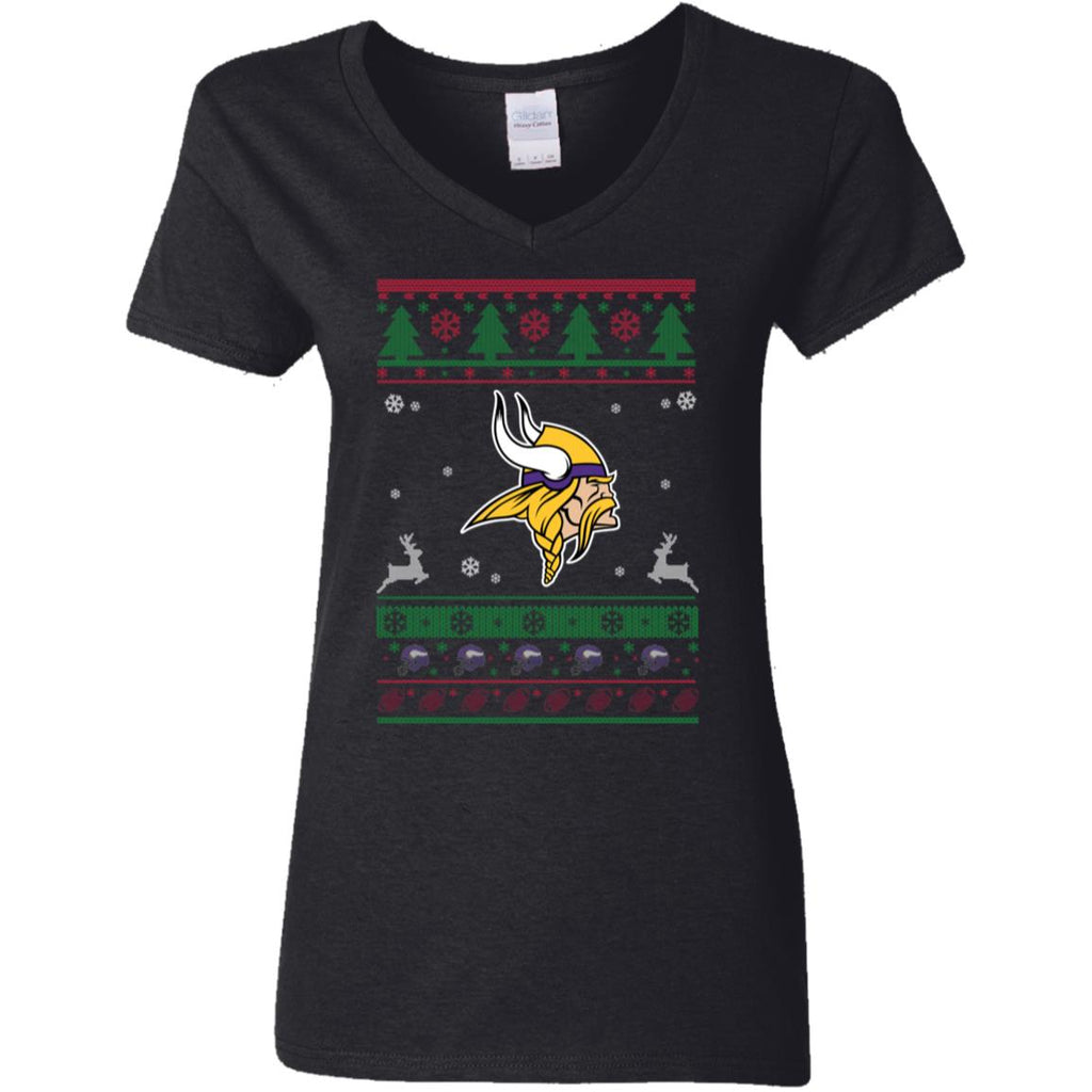 Minnesota Vikings Logo Football Teams Ugly Christmas Sweater Women V-Neck T-Shirt