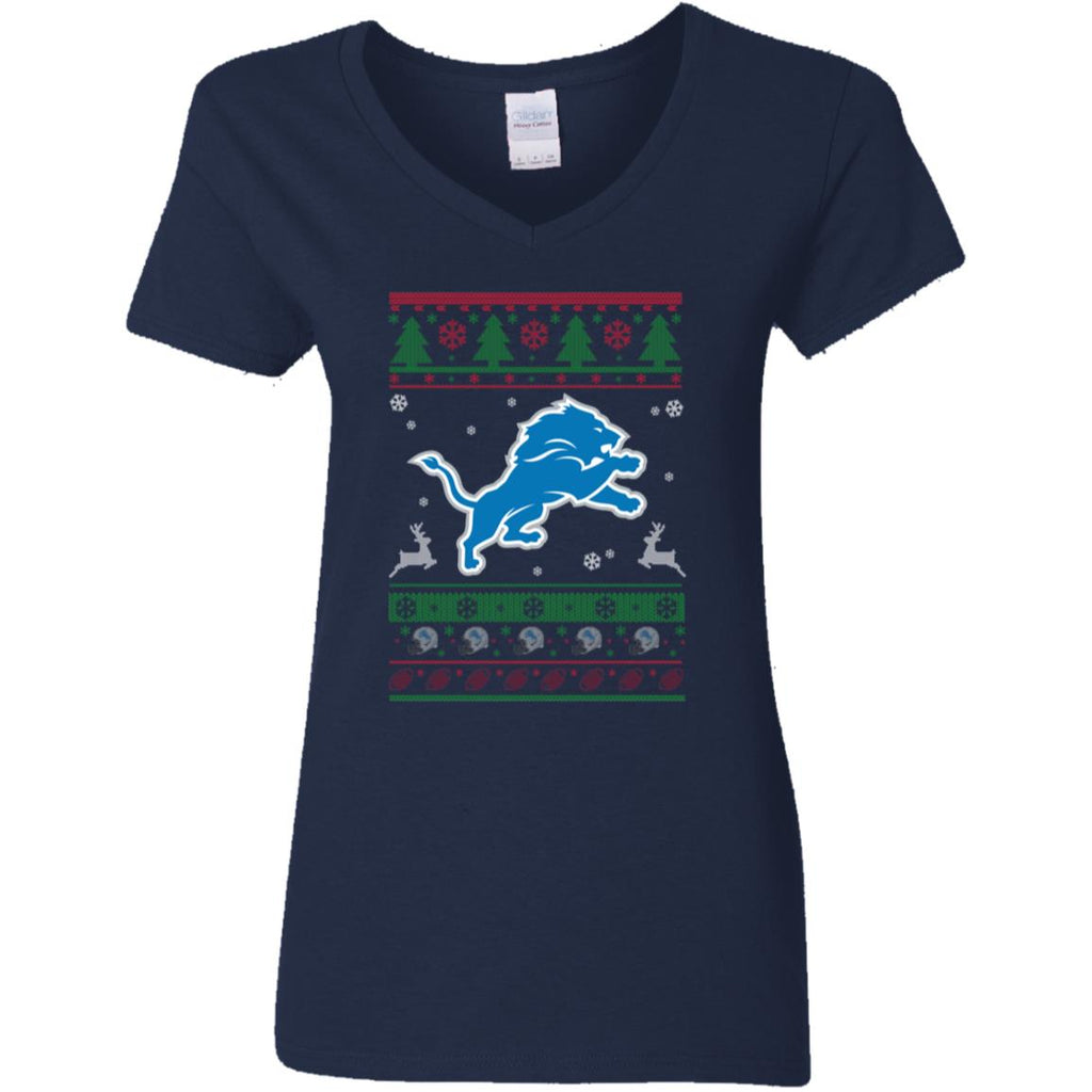Detroit Lions Logo Football Teams Ugly Christmas Sweater Women V-Neck T-Shirt