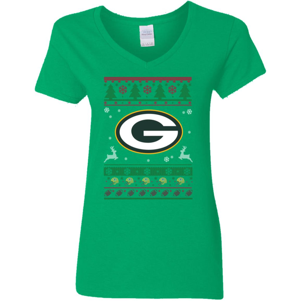 Green Bay Packers Logo Football Teams Ugly Christmas Sweater Women V-Neck T-Shirt