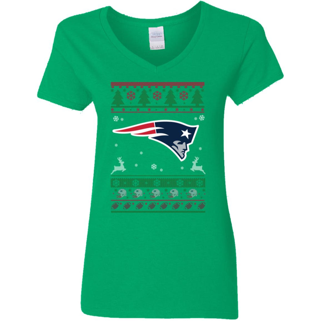 New England Patriots Logo Football Teams Ugly Christmas Sweater Women V-Neck T-Shirt