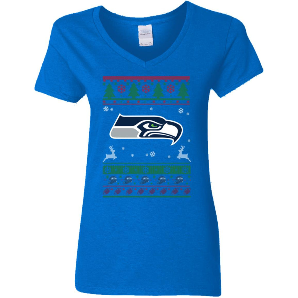 Seattle Seahawks Logo Football Teams Ugly Christmas Sweater Women V-Neck T-Shirt