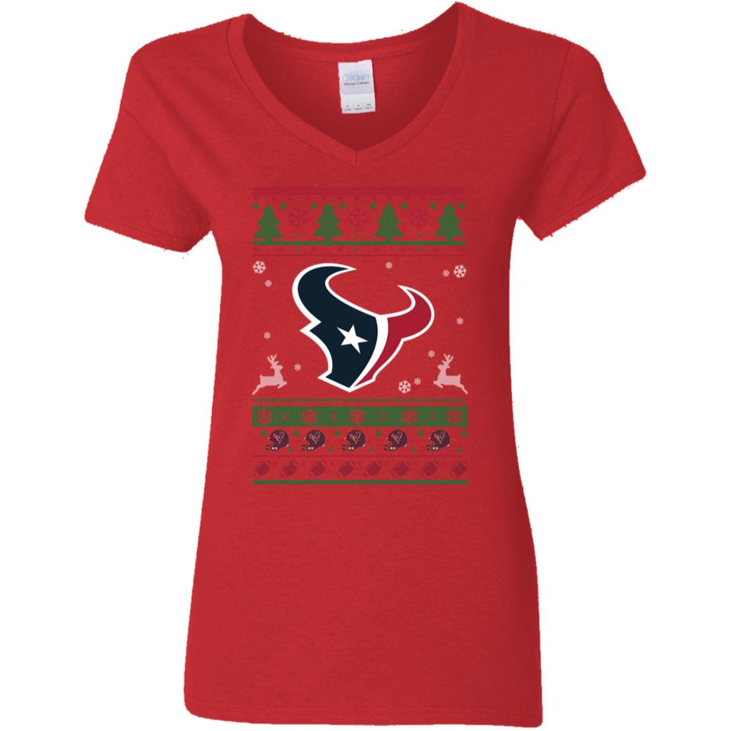 Houston Texans Logo Football Teams Ugly Christmas Sweater Women V-Neck T-Shirt