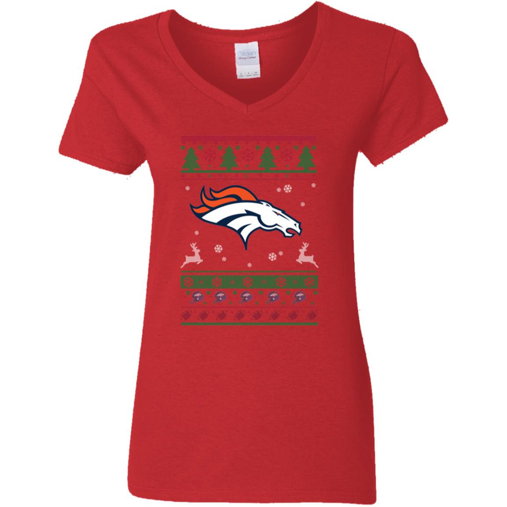Denver Broncos Logo Football Teams Ugly Christmas Sweater Women V-Neck T-Shirt