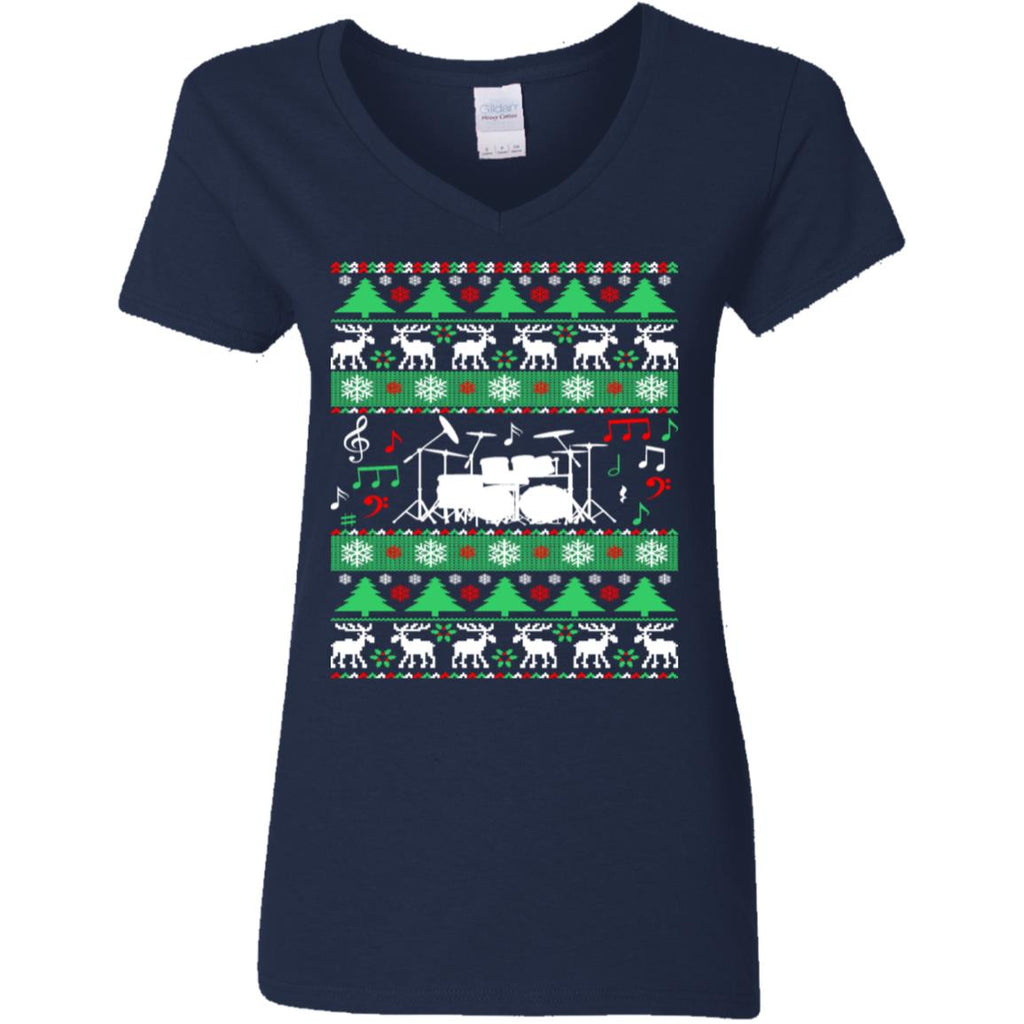 Drums Drummer Ugly Christmas Women V-Neck T-Shirt