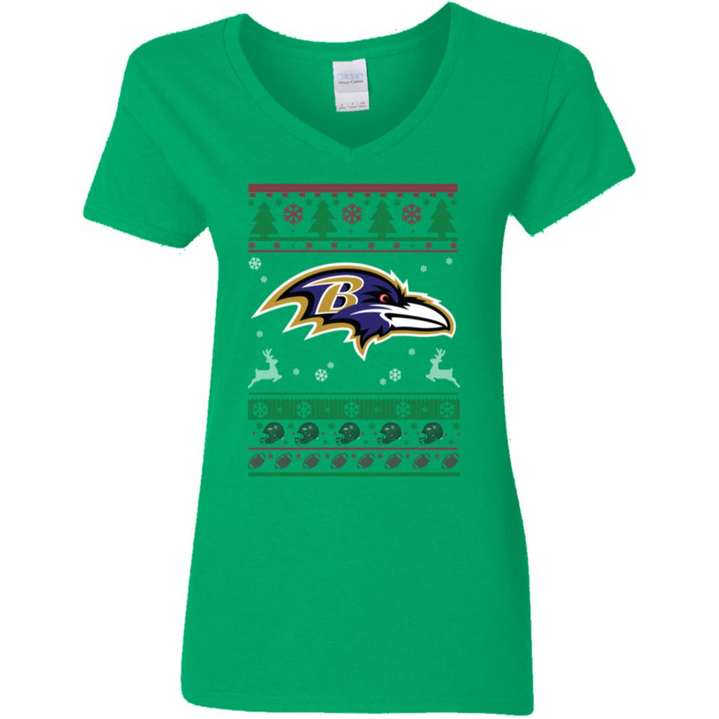 Baltimore Ravens Logo Football Teams Ugly Christmas Sweater Women V-Neck T-Shirt