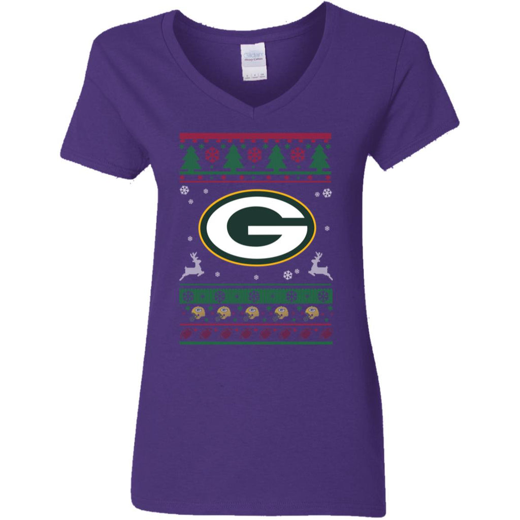 Green Bay Packers Logo Football Teams Ugly Christmas Sweater Women V-Neck T-Shirt