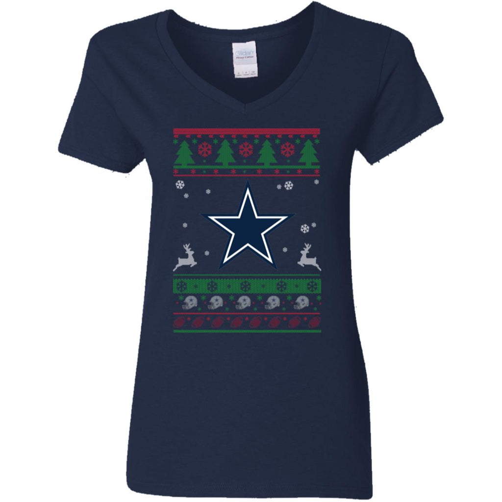 Dallas Cowboys Logo Football Teams Ugly Christmas Sweater Women V-Neck T-Shirt