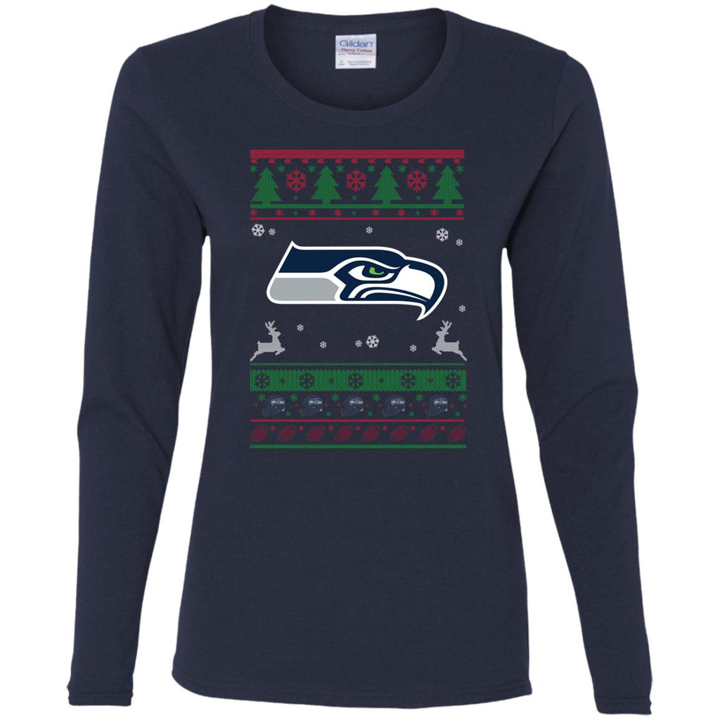 Seattle Seahawks Logo Football Teams Ugly Christmas Sweater Women Long Sleeve Shirt