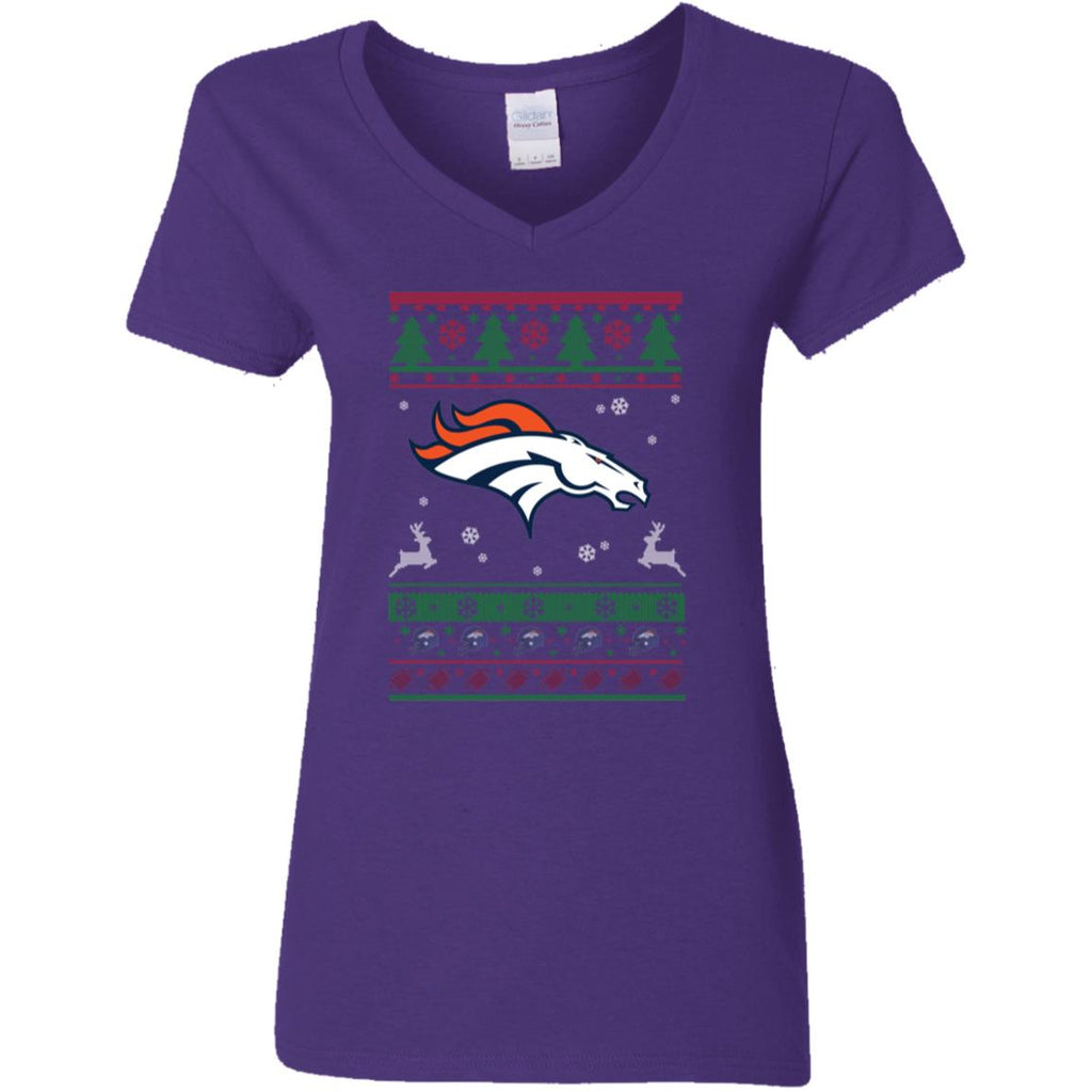 Denver Broncos Logo Football Teams Ugly Christmas Sweater Women V-Neck T-Shirt