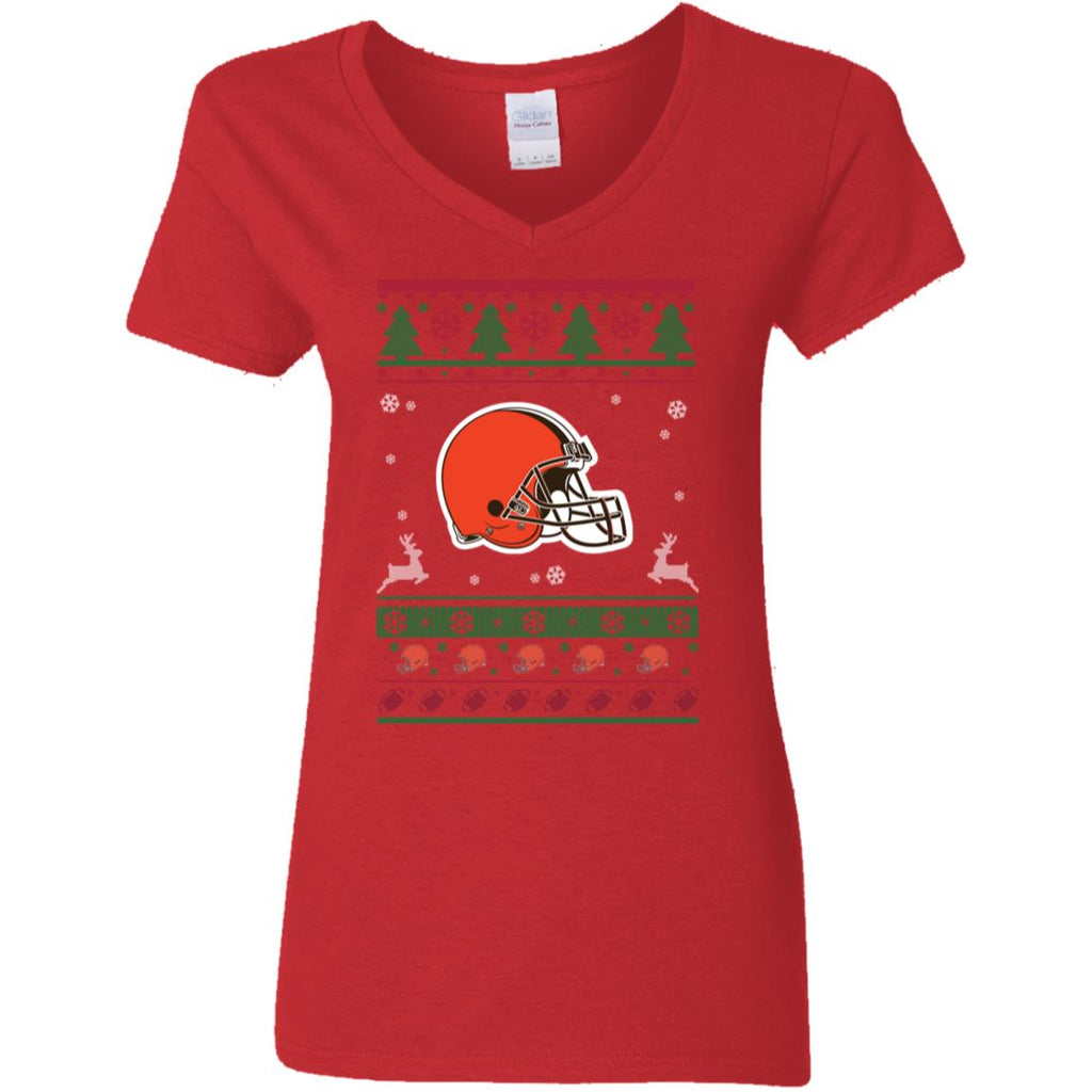 Cleveland Browns Logo Football Teams Ugly Christmas Sweater Women V-Neck T-Shirt