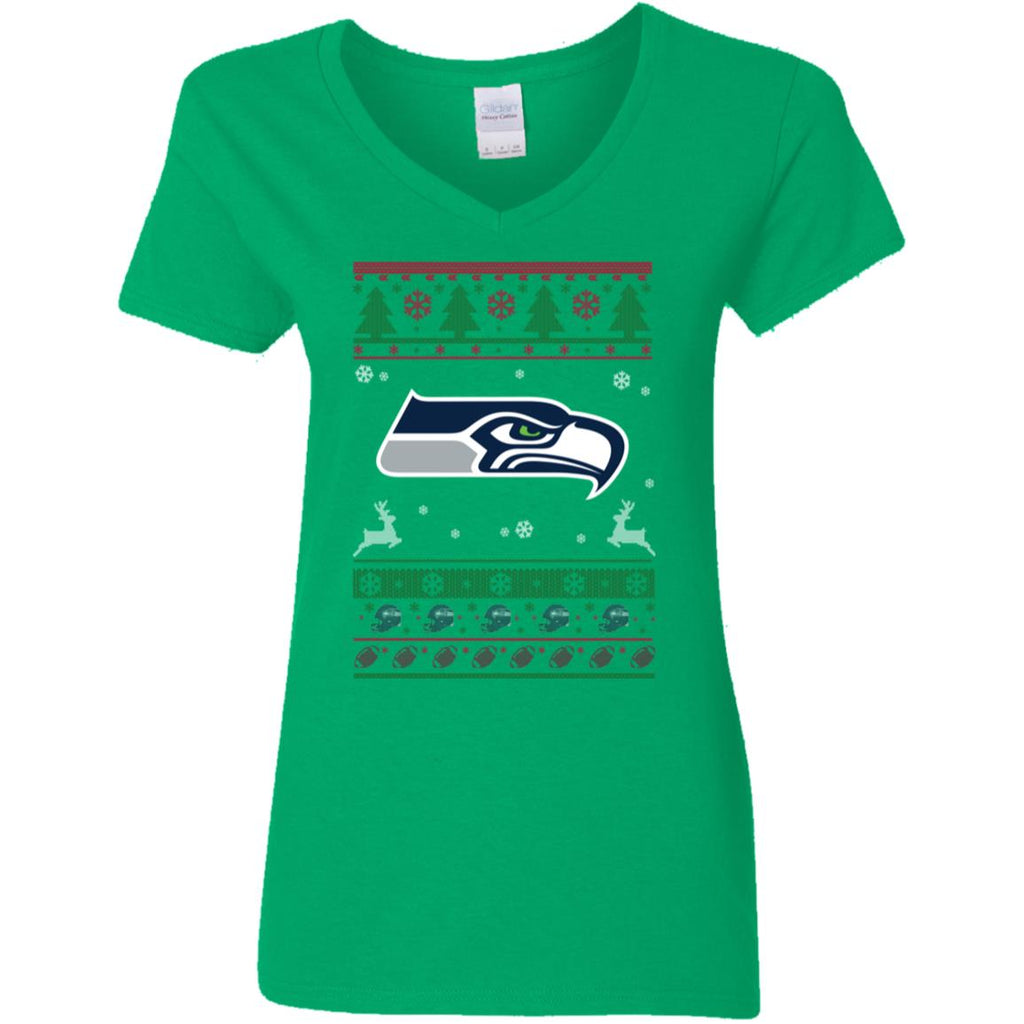 Seattle Seahawks Logo Football Teams Ugly Christmas Sweater Women V-Neck T-Shirt