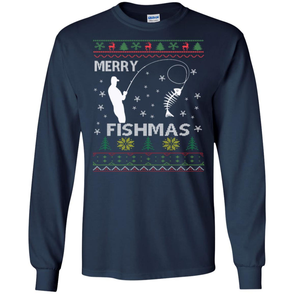 Merry Fishmas Ugly Christmas Men Long SLeeve Shirt