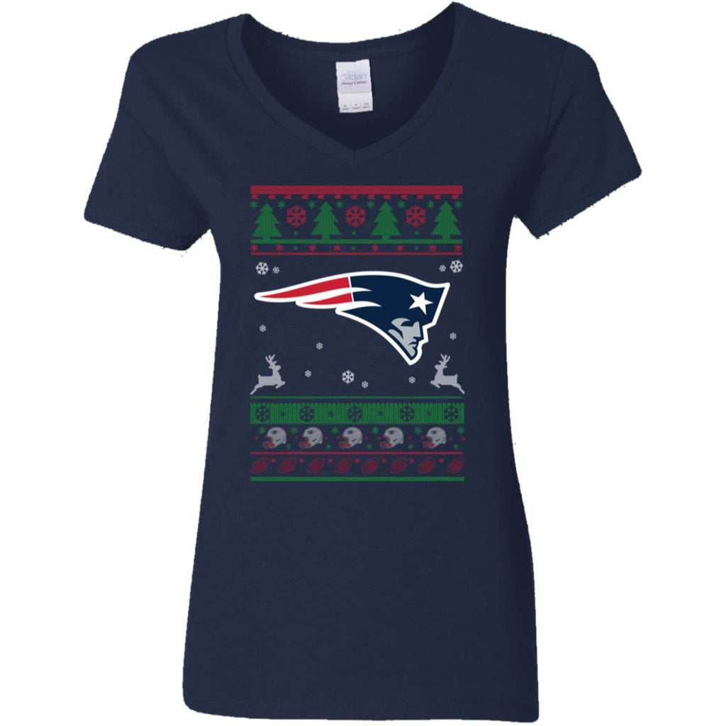 New England Patriots Logo Football Teams Ugly Christmas Sweater Women V-Neck T-Shirt