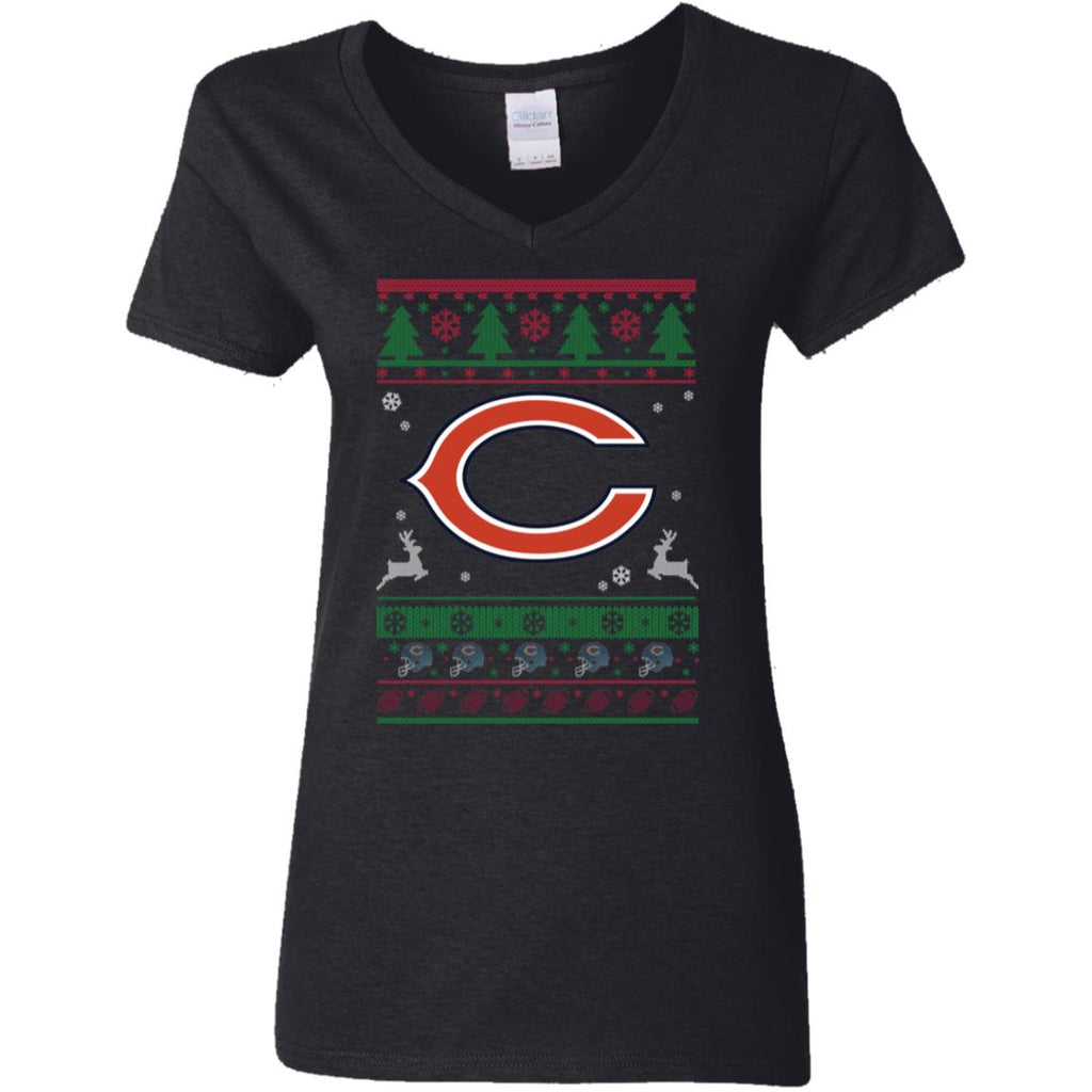 Chicago Bears Logo Football Teams Ugly Christmas Sweater Women V-Neck T-Shirt