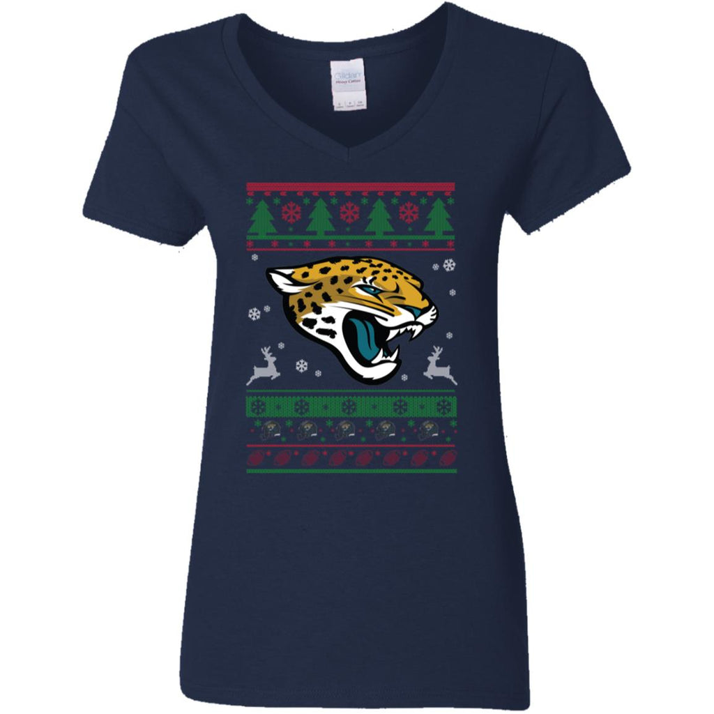 Jacksonville Jaguars Logo Football Teams Ugly Christmas Sweater Women V-Neck T-Shirt