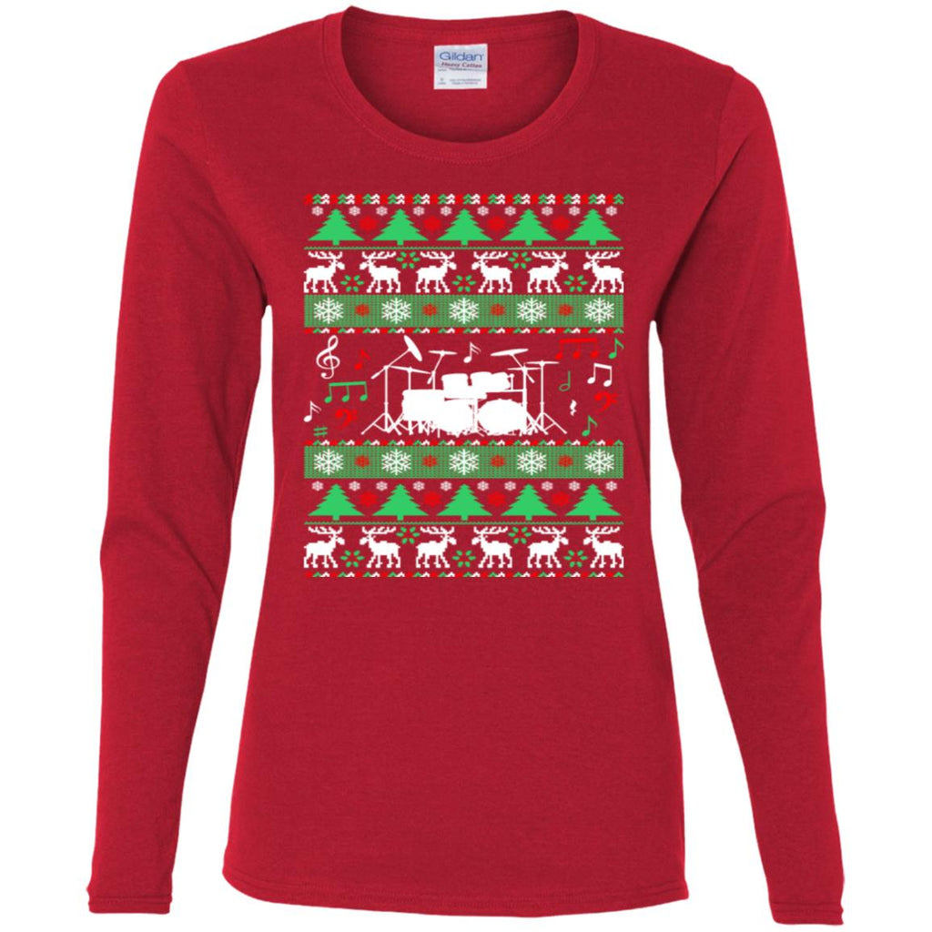 Drums Drummer Ugly Christmas Women Long Sleeve Shirt