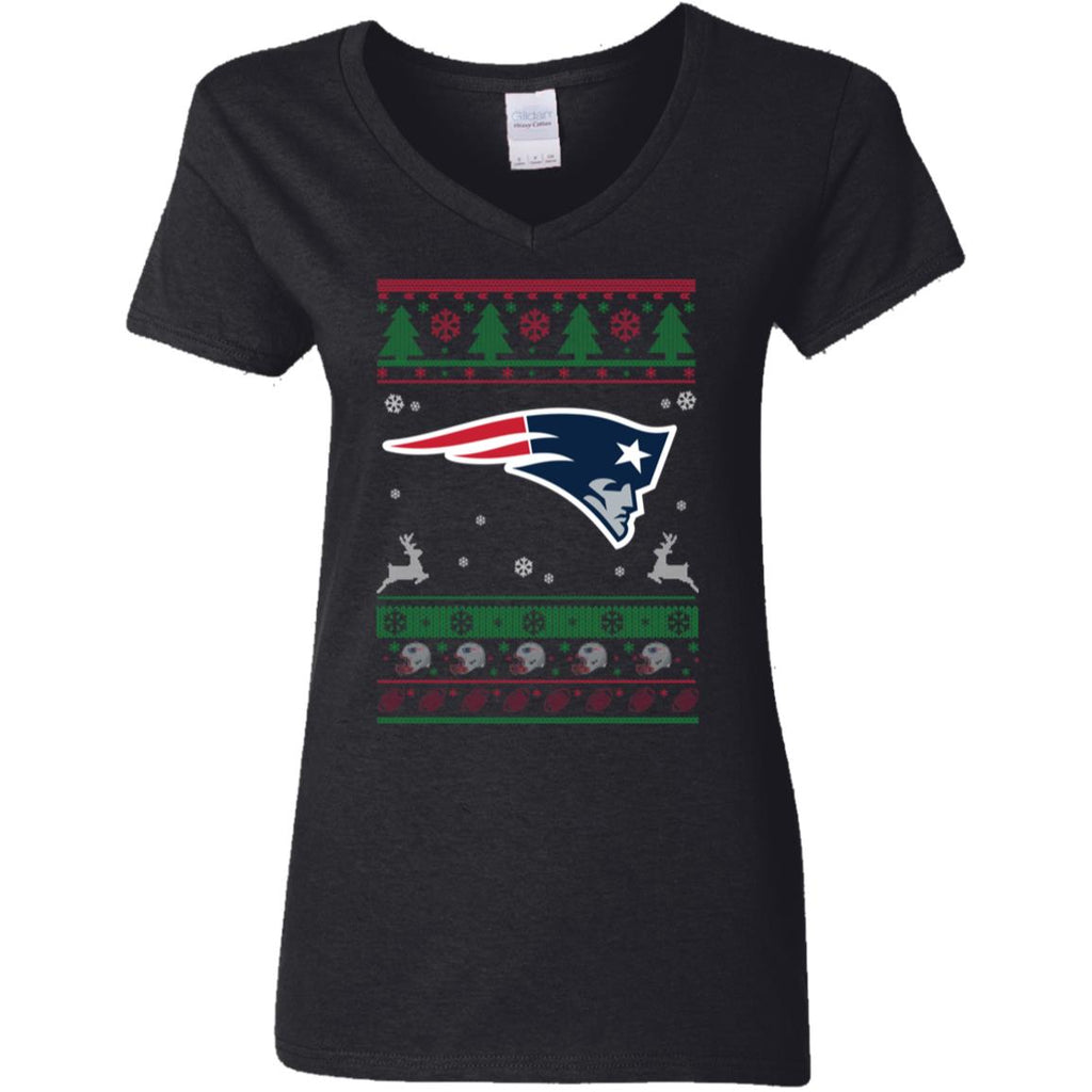 New England Patriots Logo Football Teams Ugly Christmas Sweater Women V-Neck T-Shirt