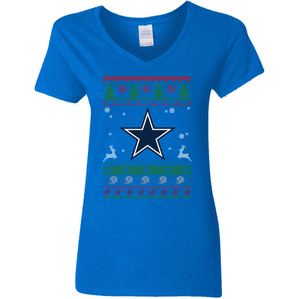 Dallas Cowboys Logo Football Teams Ugly Christmas Sweater Women V-Neck T-Shirt