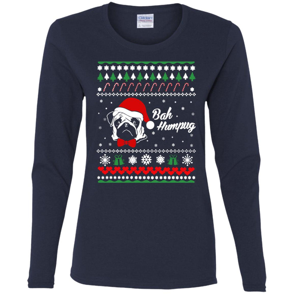 Bah Hum Pug Dog Christmas Women Long Sleeve Shirt