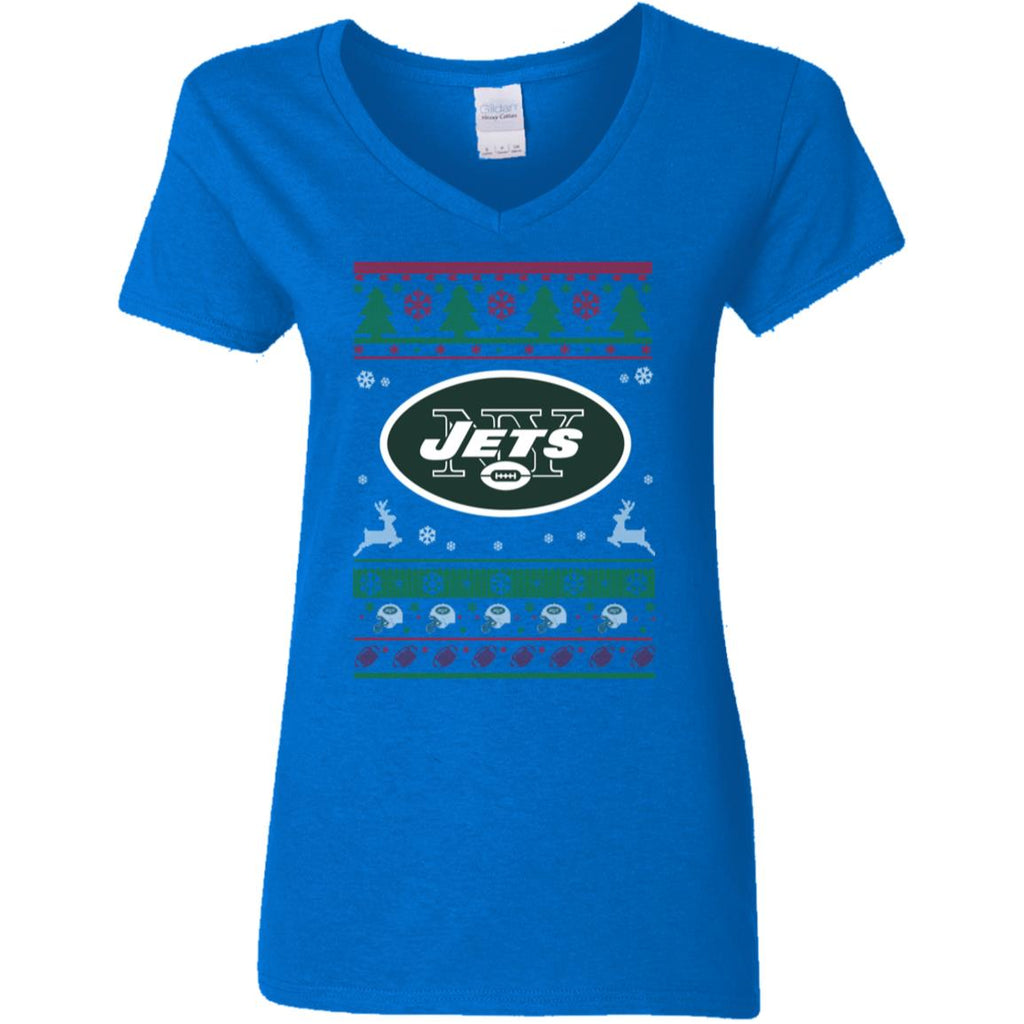 New York Jets Logo Football Teams Ugly Christmas Sweater Women V-Neck T-Shirt