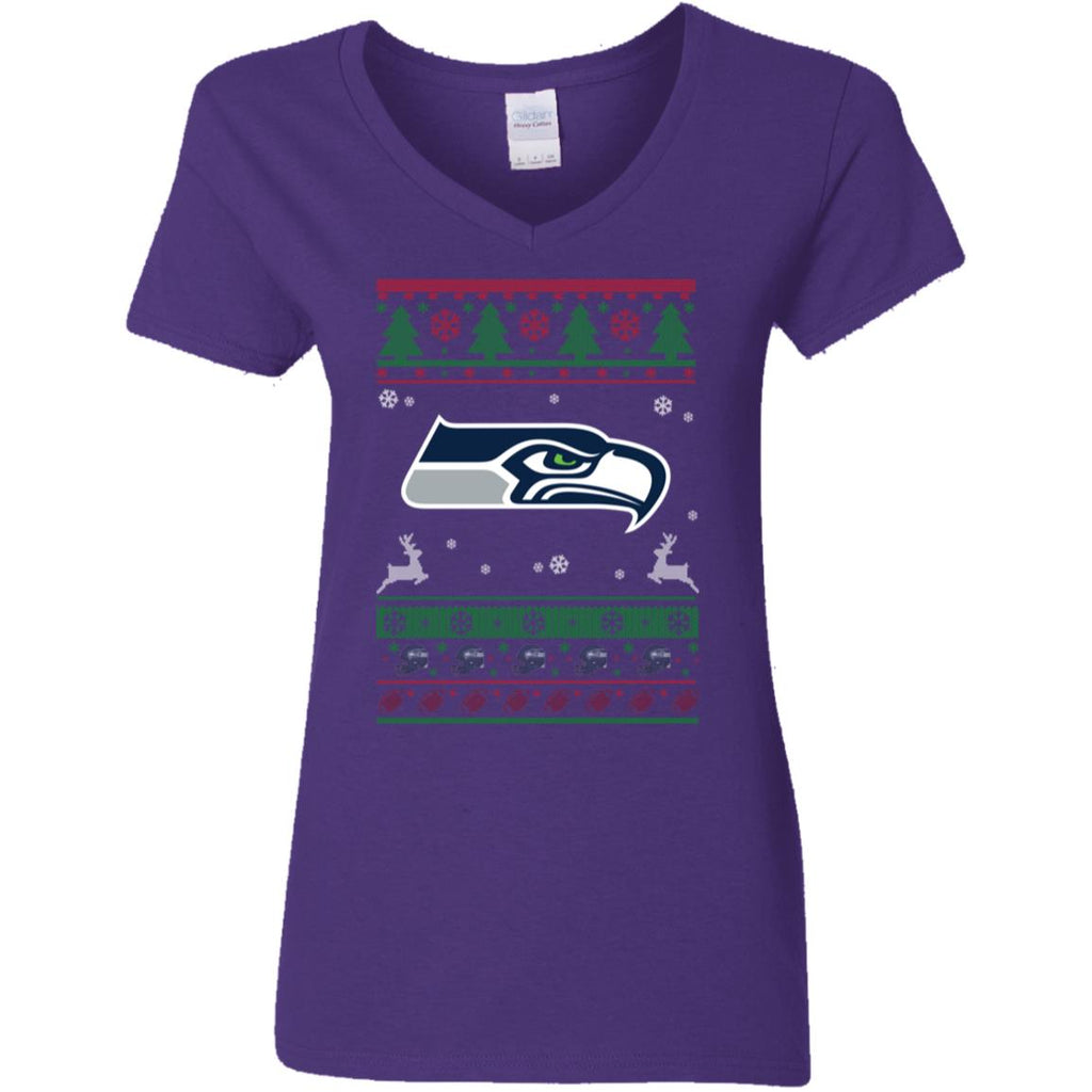 Seattle Seahawks Logo Football Teams Ugly Christmas Sweater Women V-Neck T-Shirt