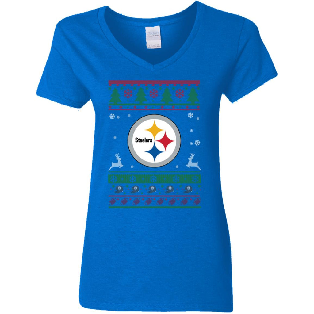 Pittsburgh Steelers Logo Football Teams Ugly Christmas Sweater Women V-Neck T-Shirt