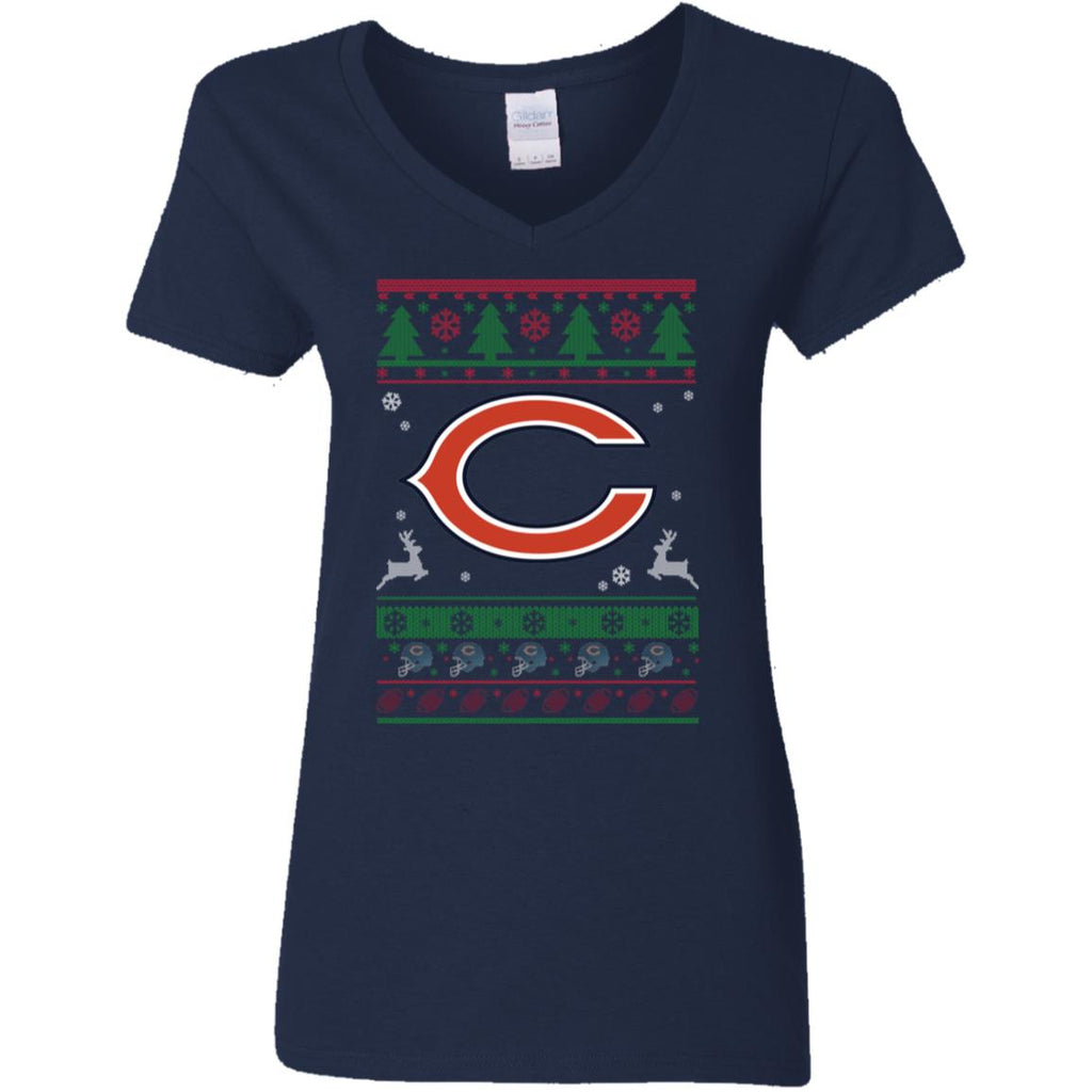 Chicago Bears Logo Football Teams Ugly Christmas Sweater Women V-Neck T-Shirt