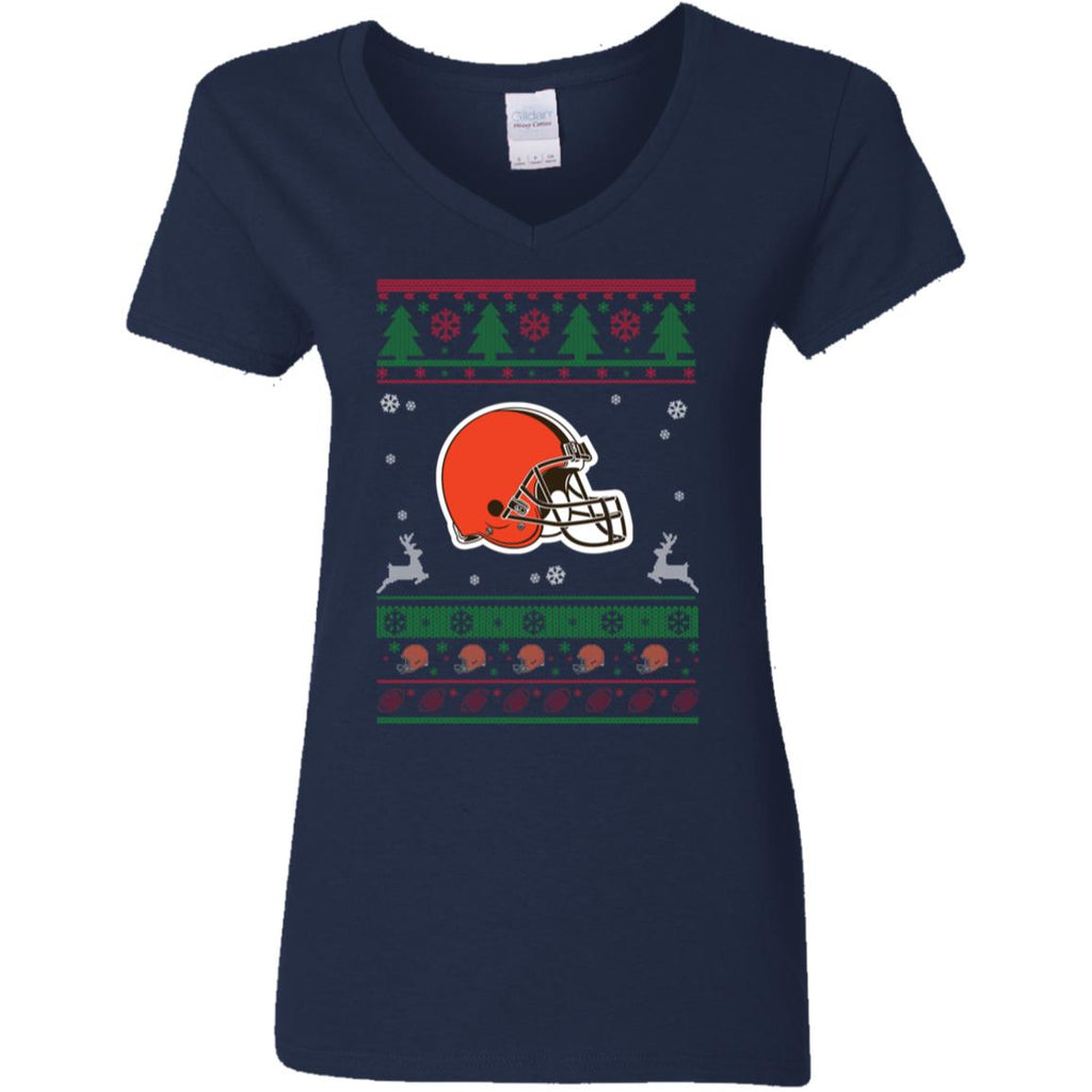 Cleveland Browns Logo Football Teams Ugly Christmas Sweater Women V-Neck T-Shirt